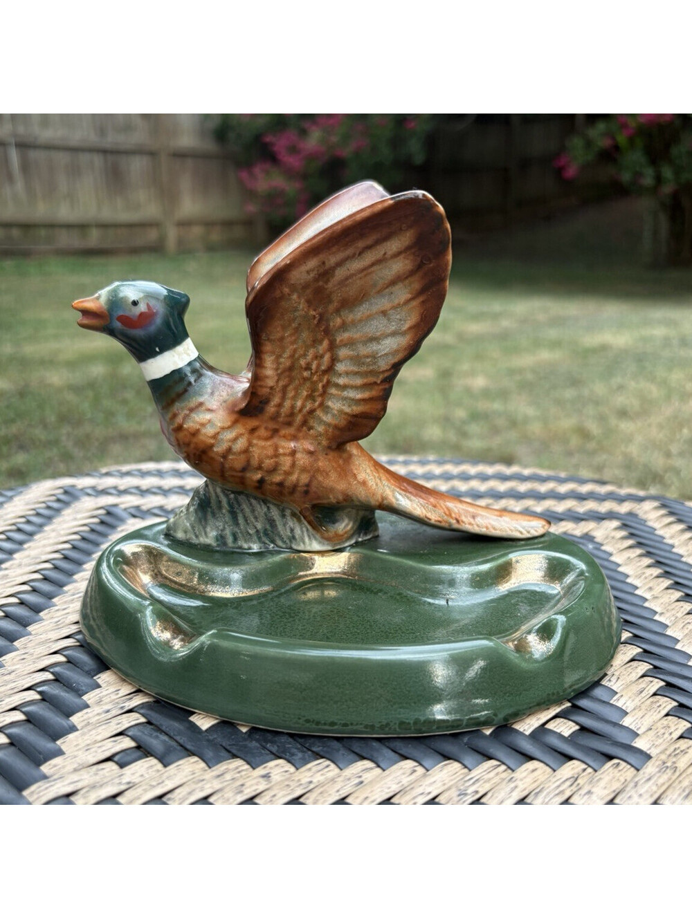 Flying Pheasant Ceramic Ashtray Glossy Green Decorative Oval 9x6x5 Art Pottery